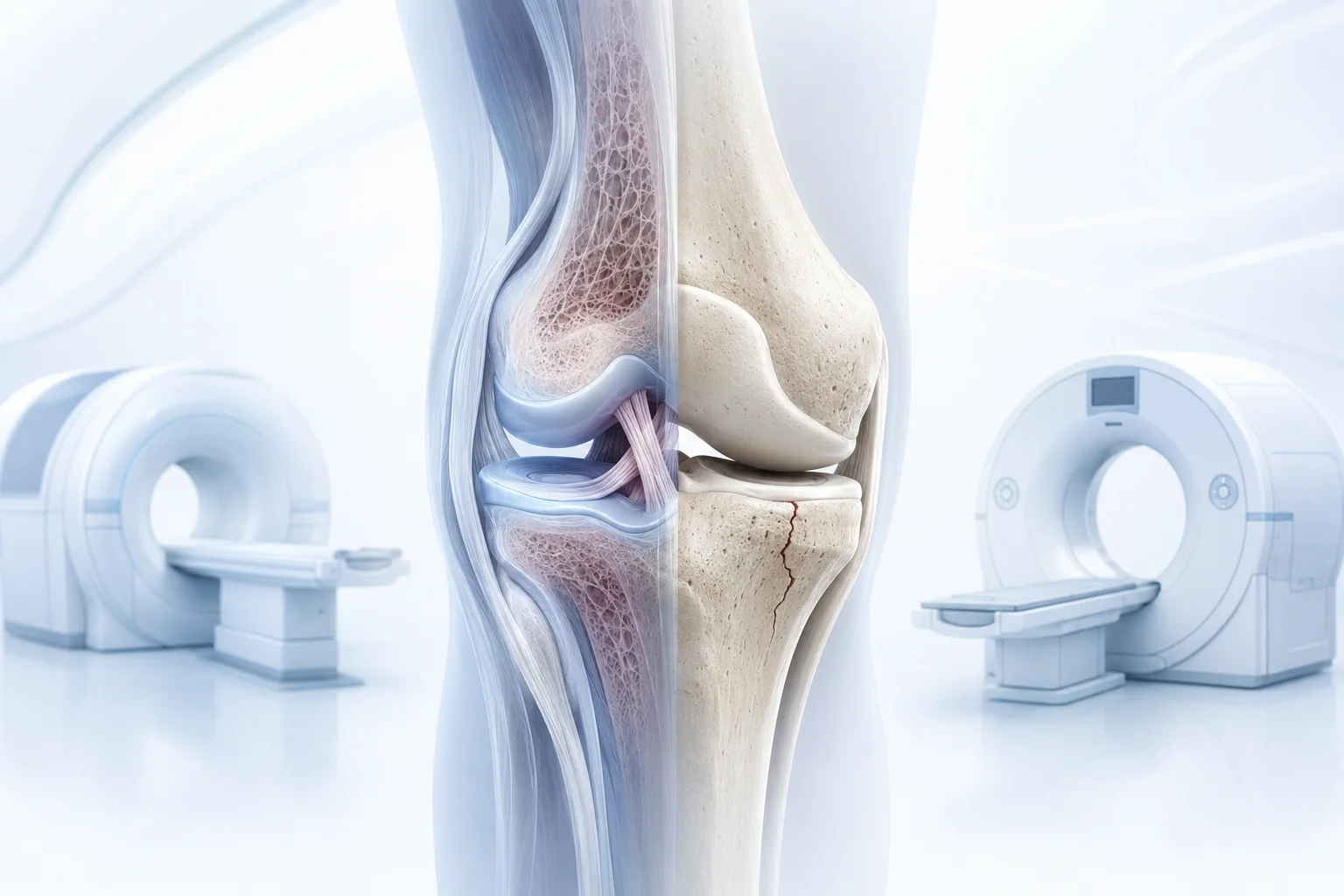 Medical illustration comparing MRI soft-tissue detail with CT bone detail in the knee.