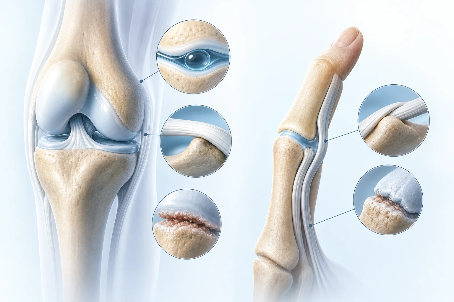 Medical illustration showing pressure changes in joint fluid, tendon movement, and rougher joint surfaces as different sources of joint sounds.