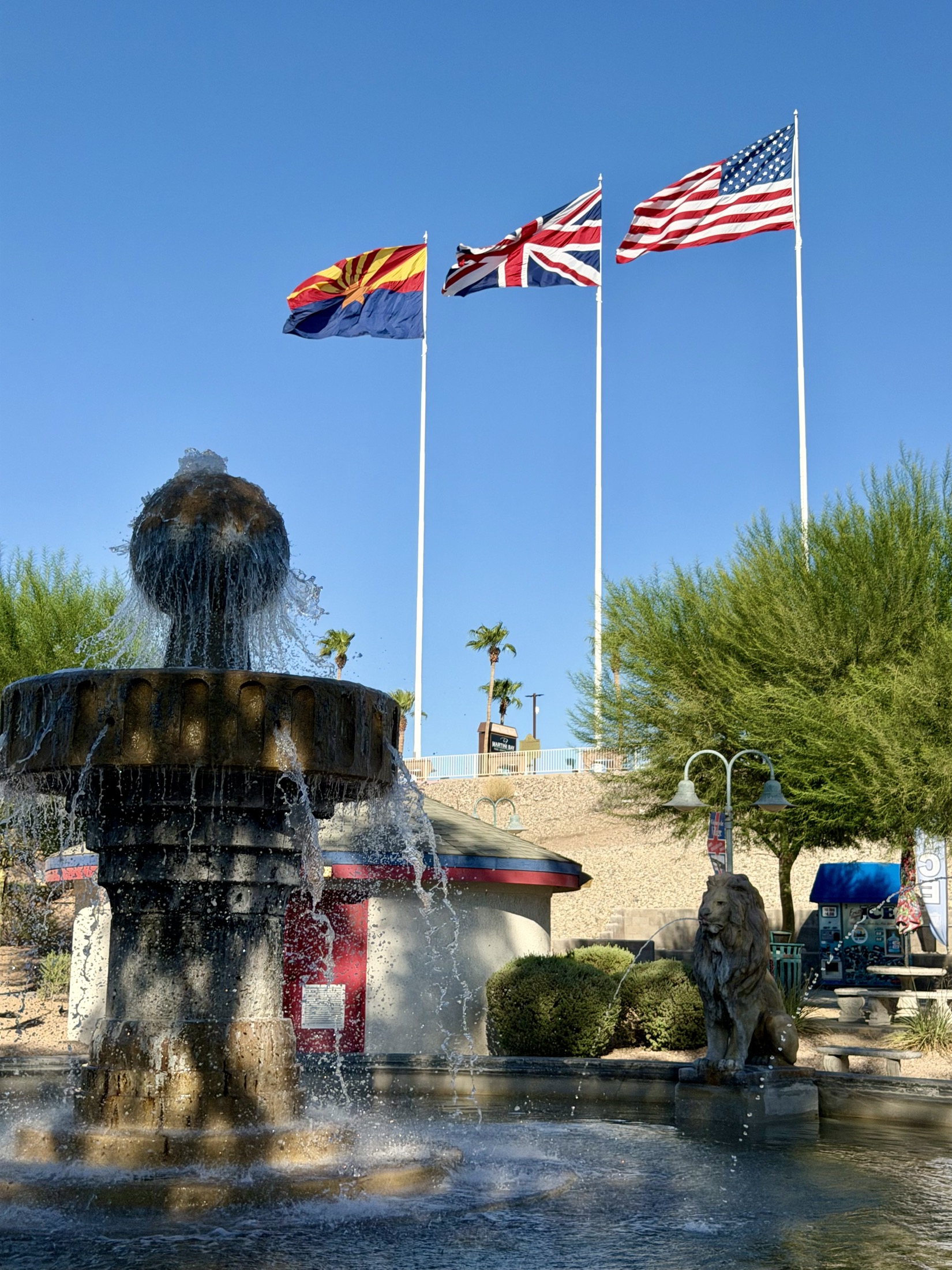 Fountain and flags near London Bridge in Lake Havasu City