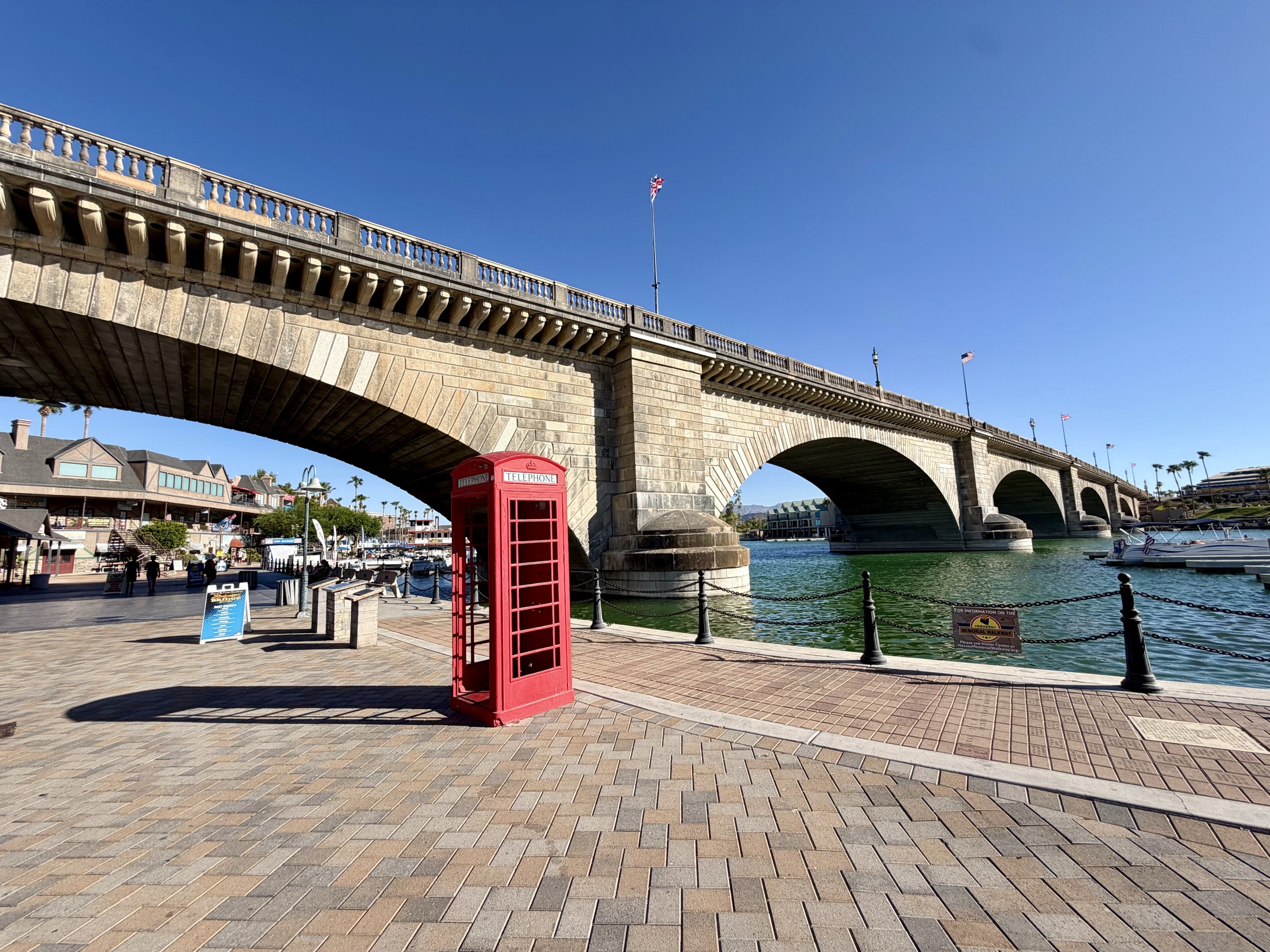 Red phone booth beside London Bridge in Lake Havasu City