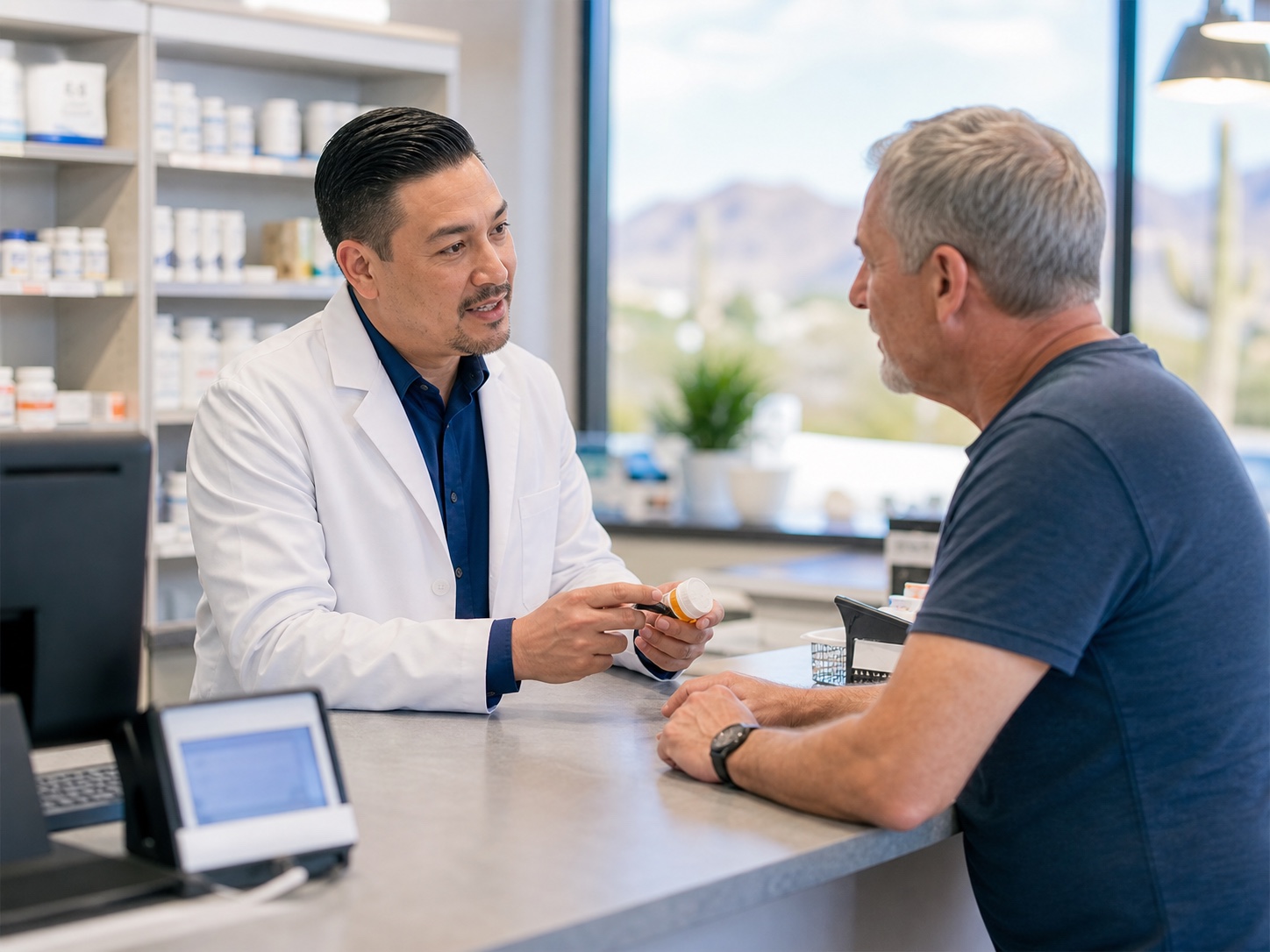 Pharmacist reviewing a prescription bottle with an older adult patient at a pharmacy counter