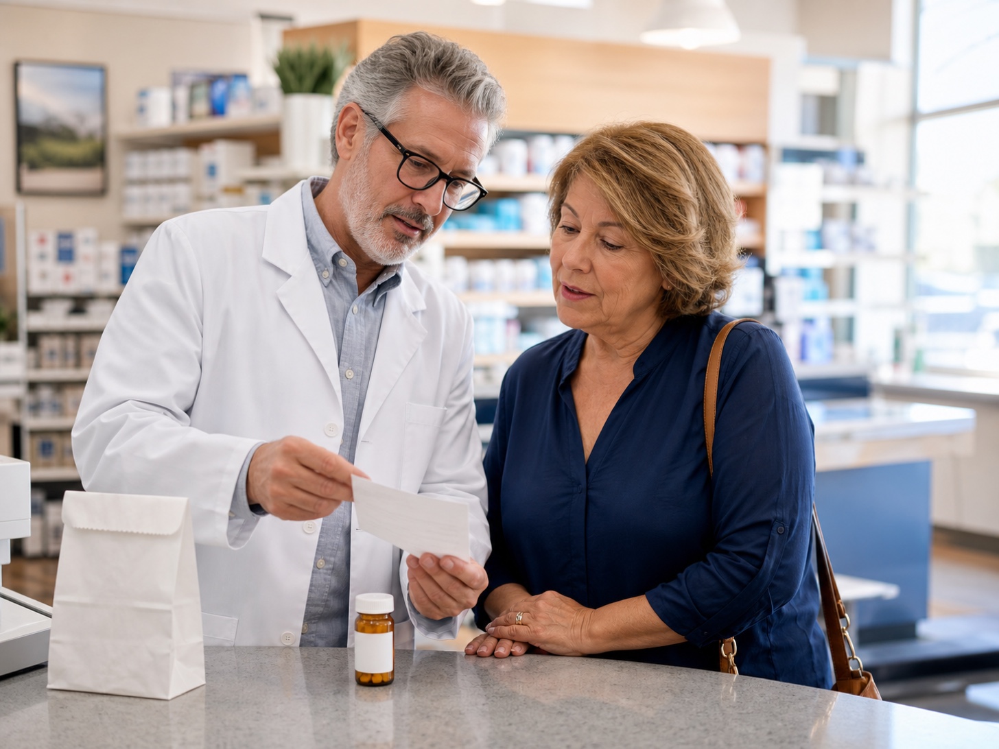Pharmacist going over a printed medication information sheet with a patient