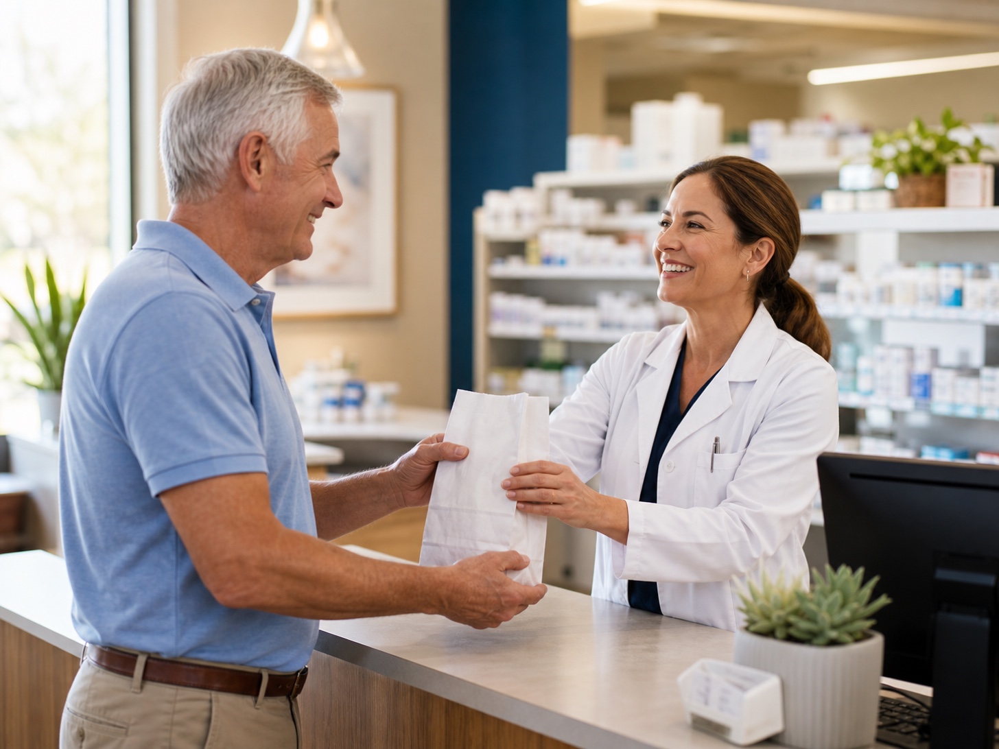 Pharmacist handing a filled prescription across the counter to a patient