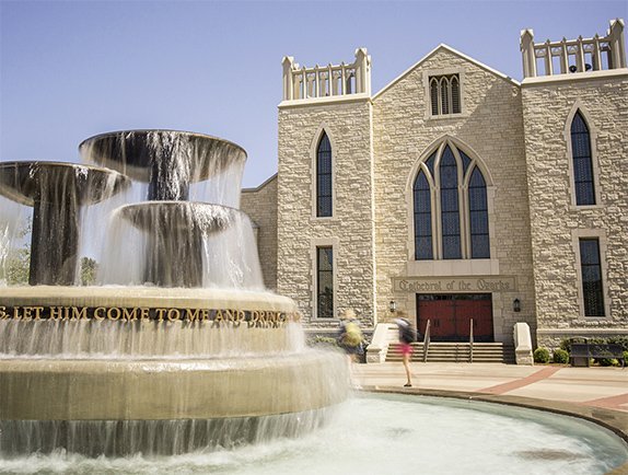 Fountain and Cathedral of the Ozarks on the John Brown University campus