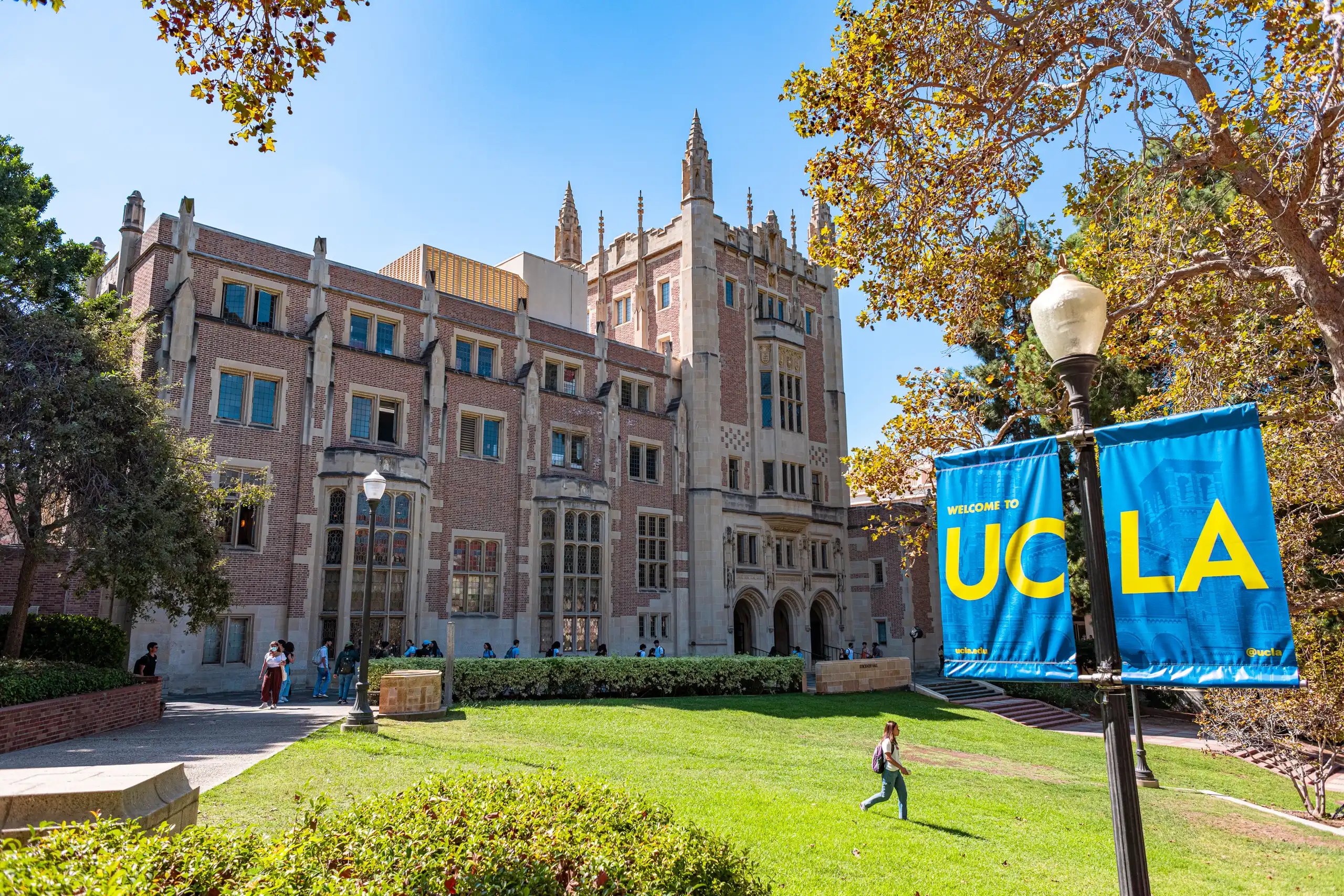 Royce Hall on the UCLA campus with a Welcome to UCLA banner