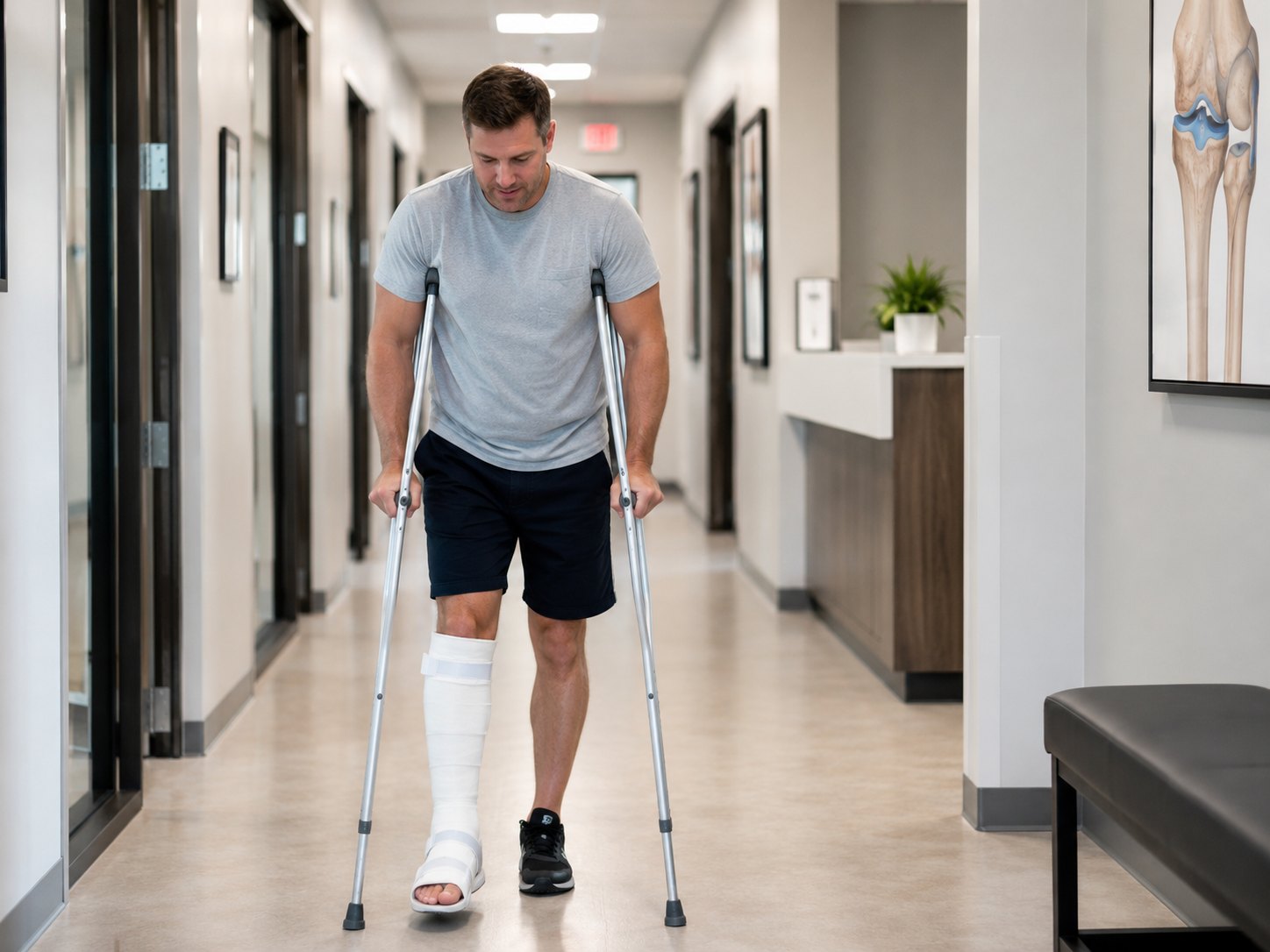 Patient walking with crutches after foot or ankle injury