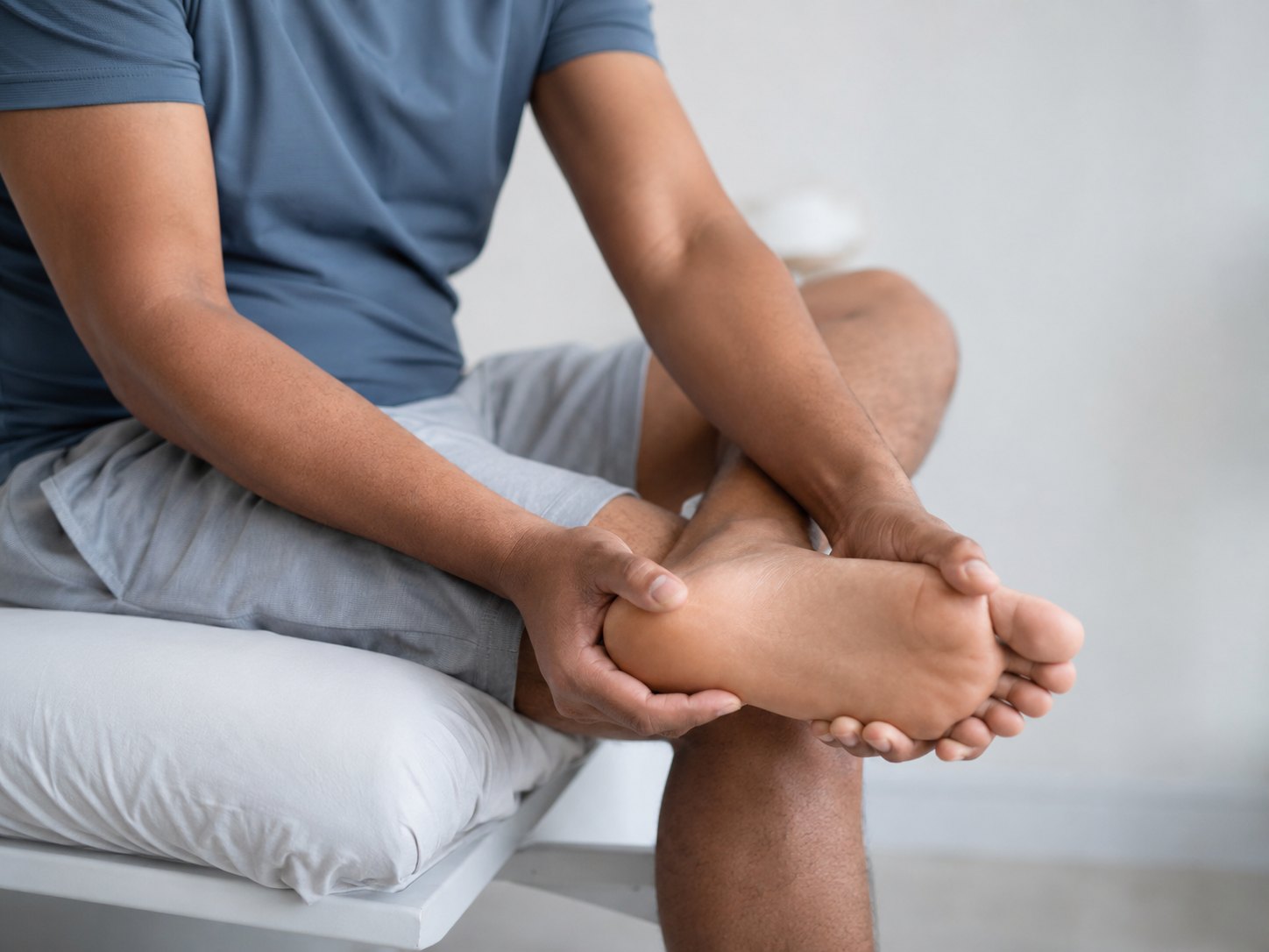 Patient holding heel for plantar fasciitis pain