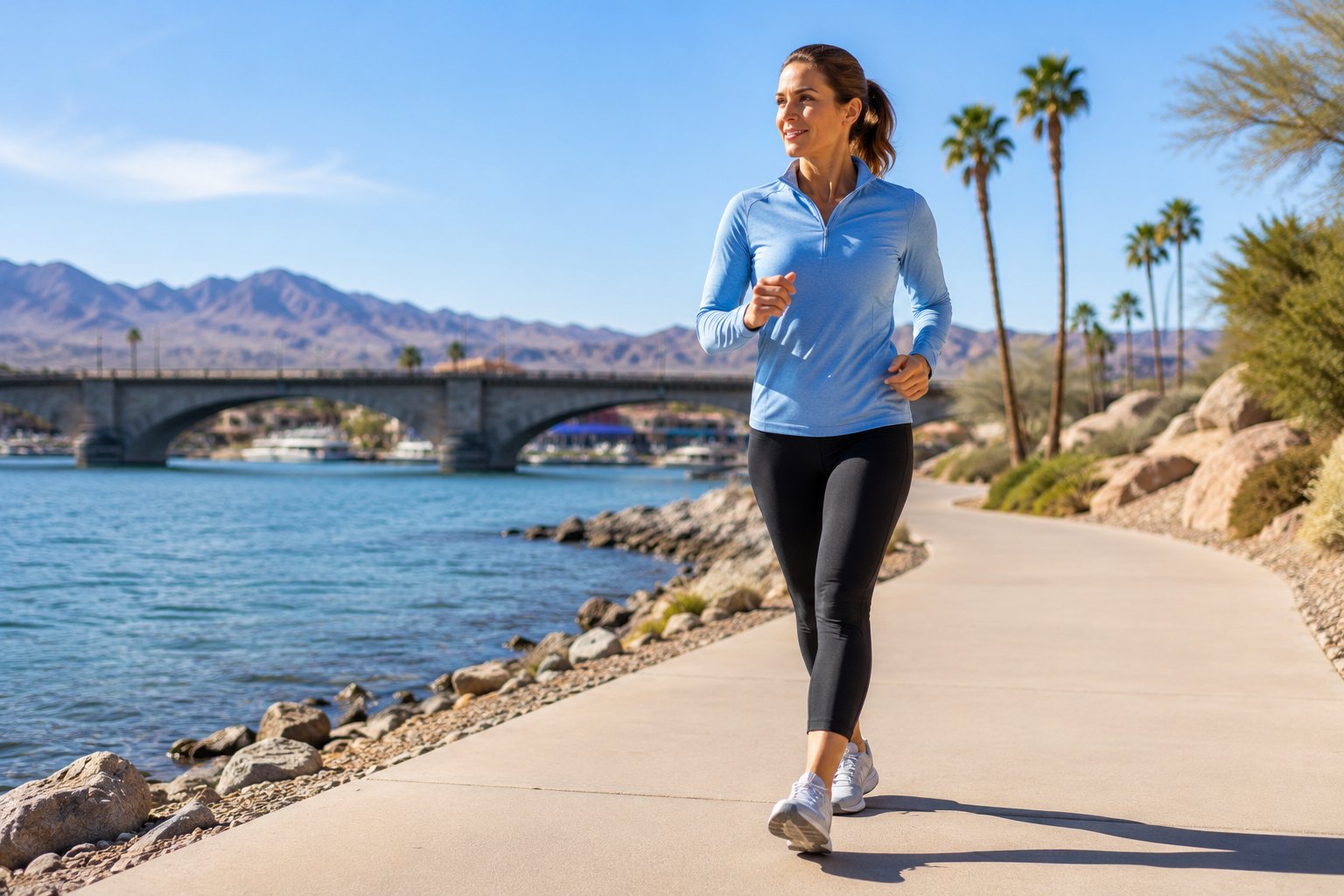 Woman jogging near Lake Havasu after recovery from foot or ankle pain