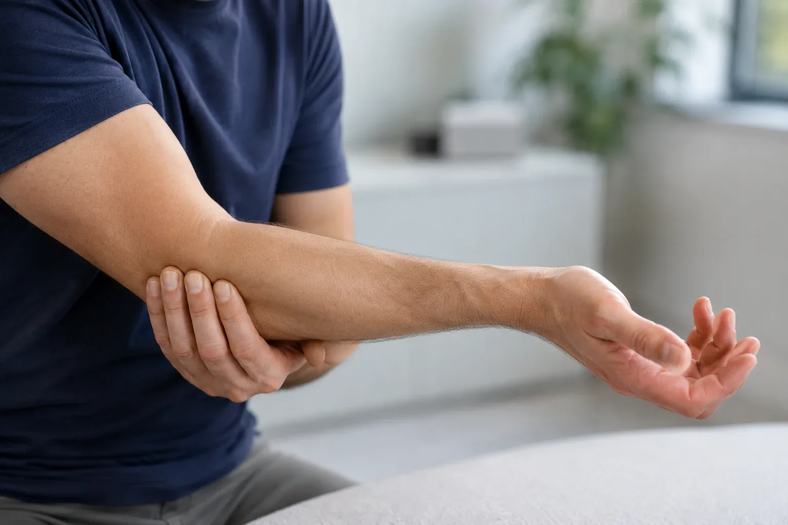 Patient holding the inside of the elbow with symptoms suggestive of cubital tunnel syndrome