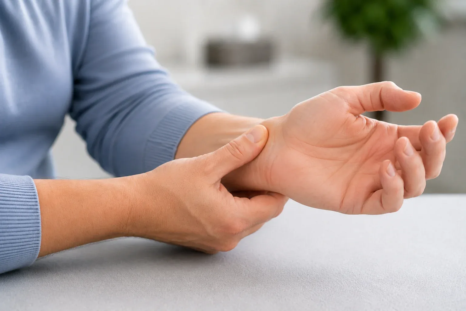 Patient holding the thumb side of the wrist consistent with radial tenosynovitis