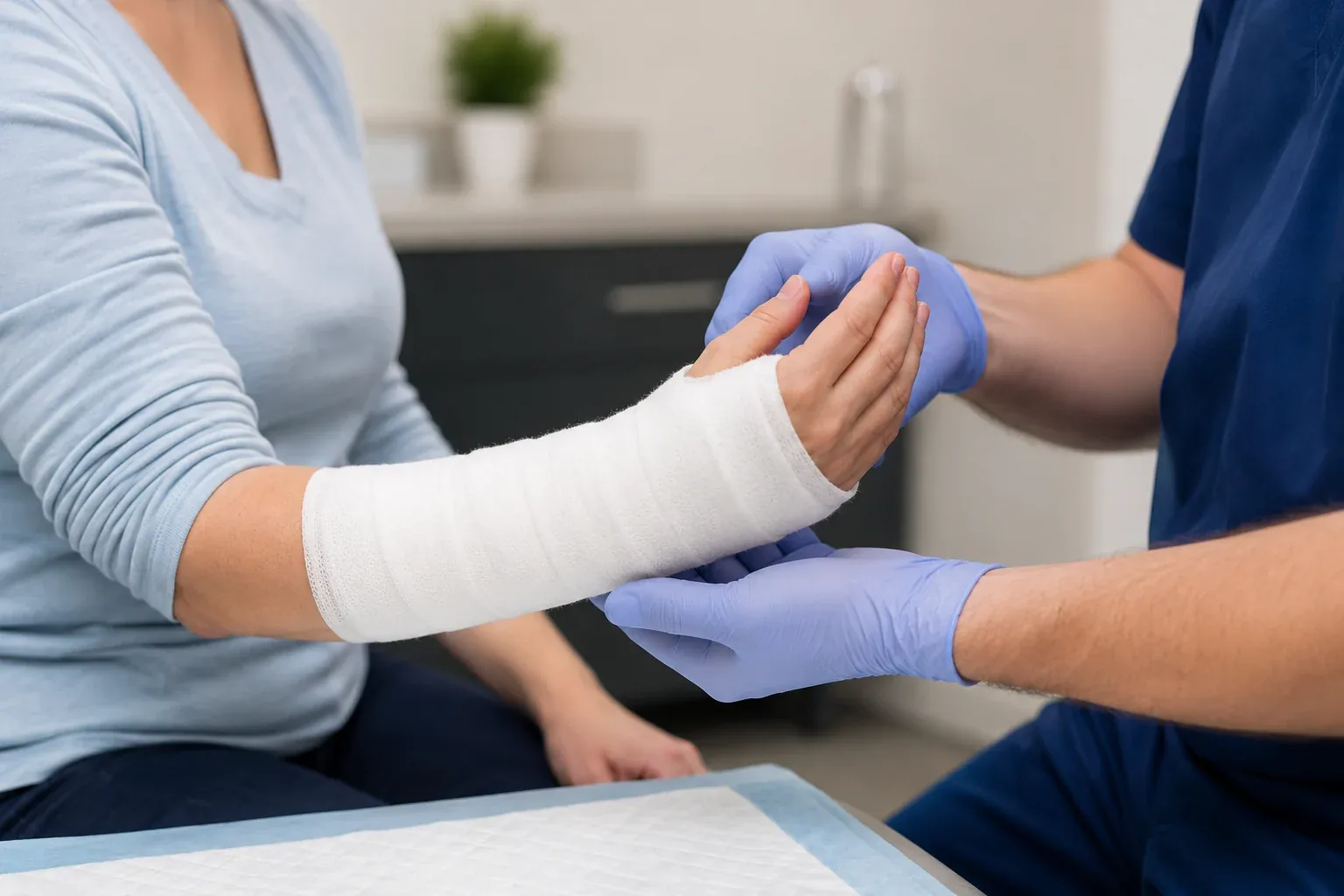 Clinician applying a clean wrist splint or short arm cast