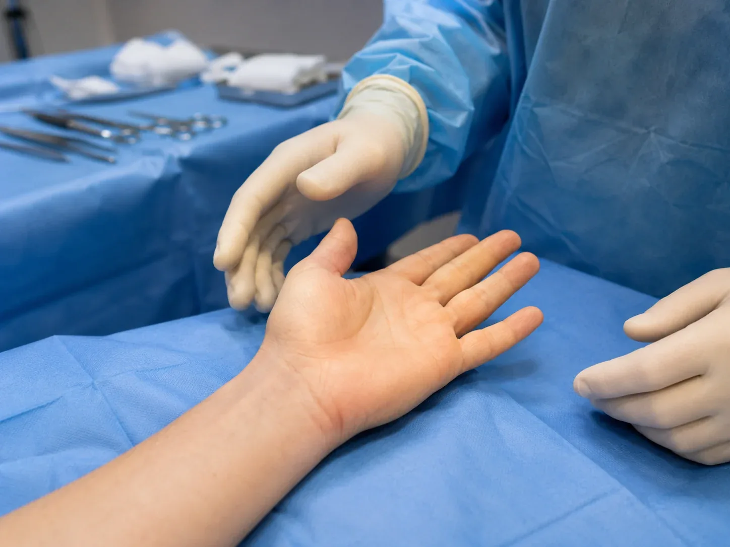 Patient hand positioned for minor trigger finger release concept