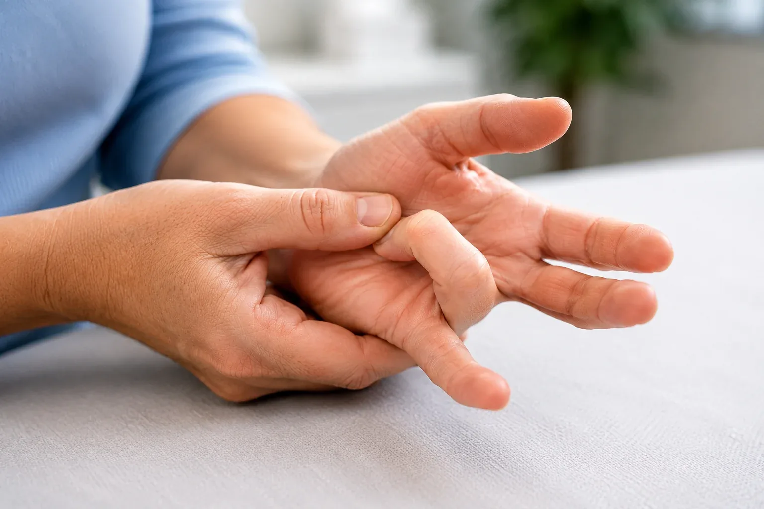 Close-up of a finger catching or locking consistent with trigger finger