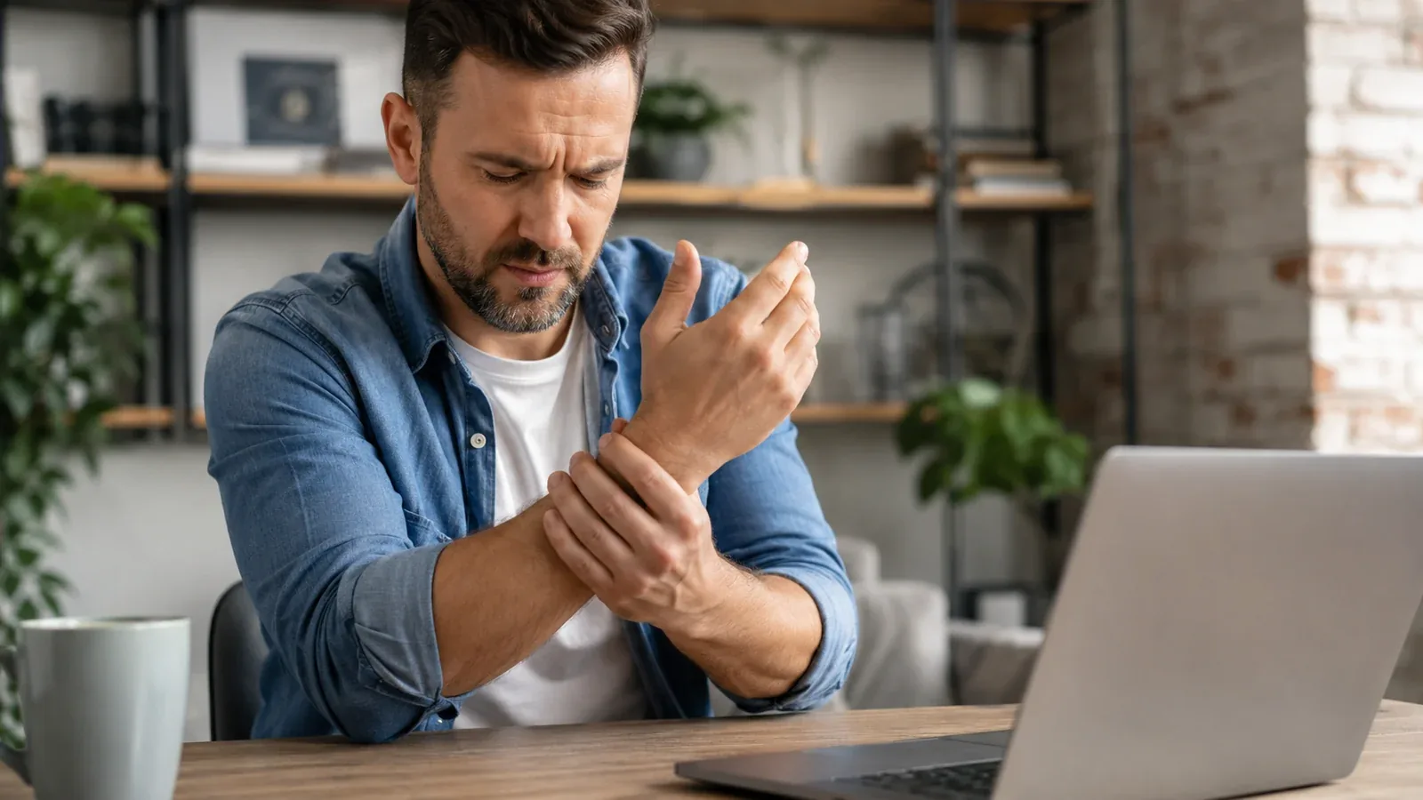 Adult patient holding wrist with mild discomfort near a laptop