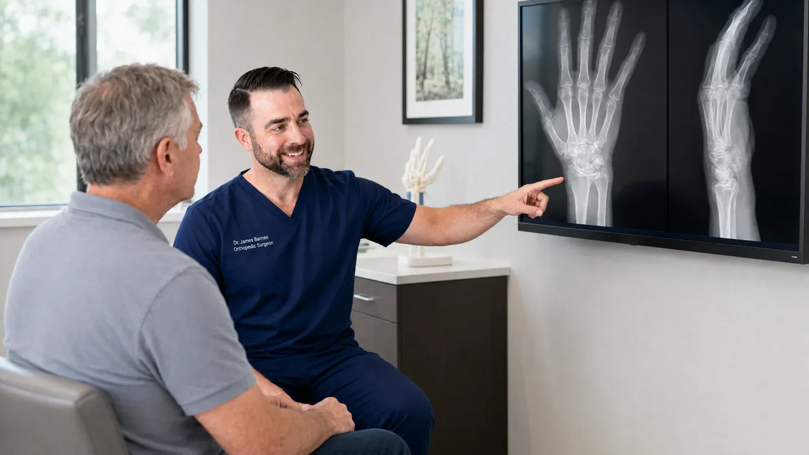 Dr. Barnes reviewing hand and wrist X-rays with a patient