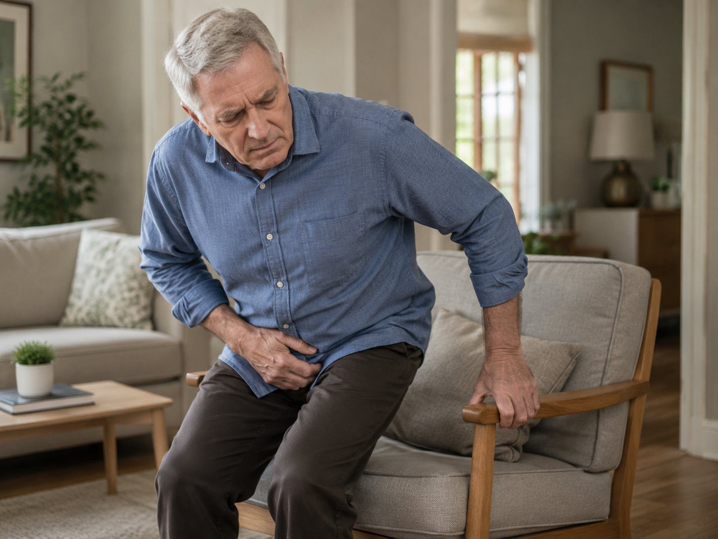 Older adult with groin pain while rising from chair