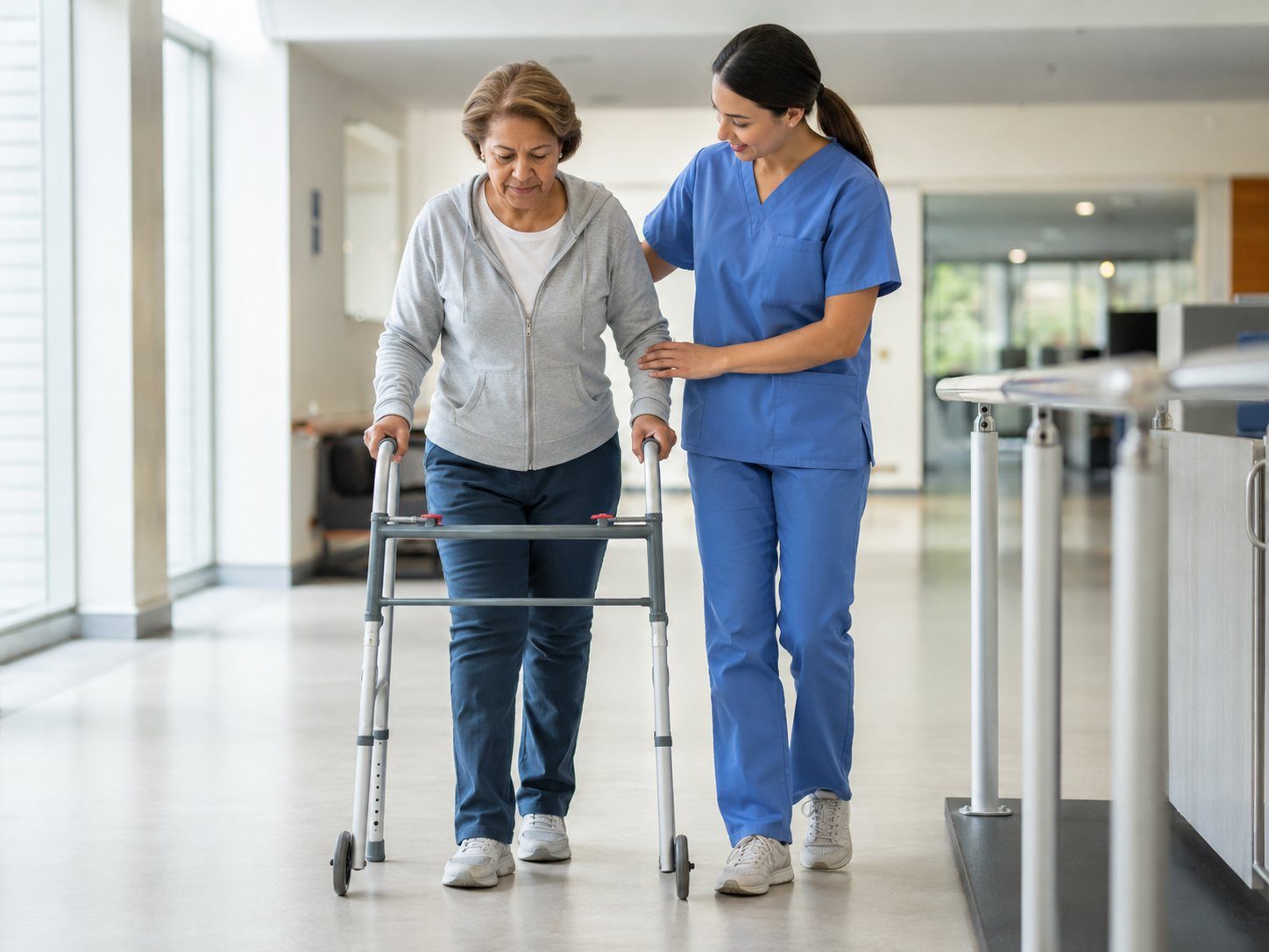 Patient walking with walker after hip replacement with clinical support