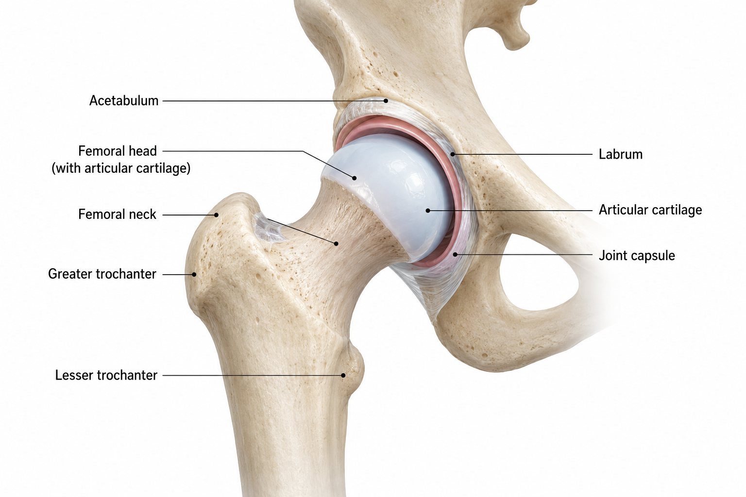 Normal hip anatomy with femoral head, acetabulum and cartilage