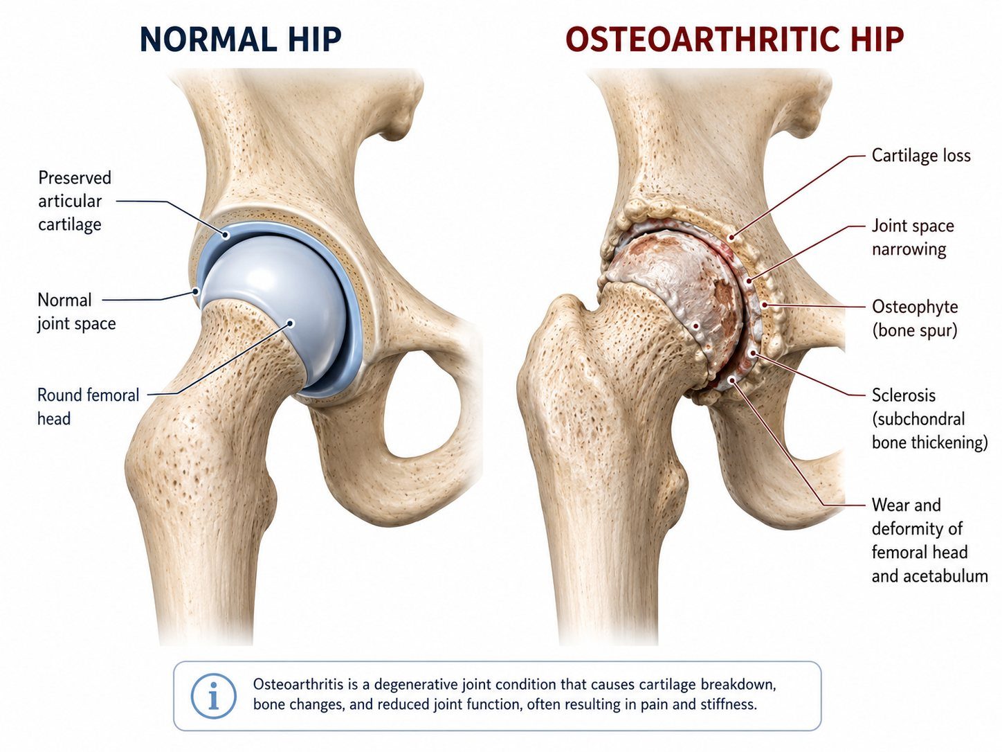 Normal hip compared with osteoarthritic hip