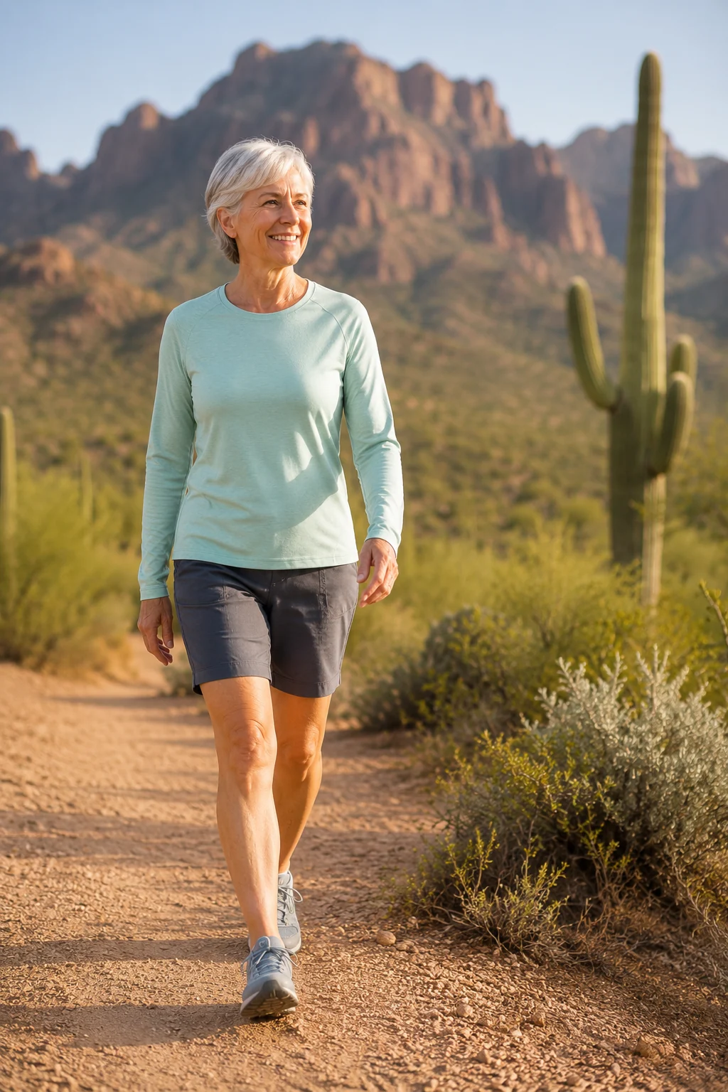 Older active woman walking in desert mountains after joint replacement recovery