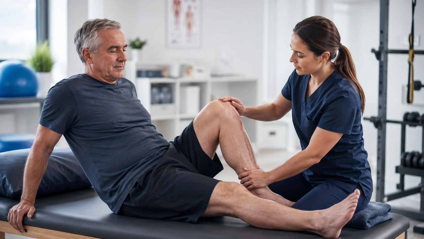 Postoperative knee replacement patient working on knee range of motion with a therapist