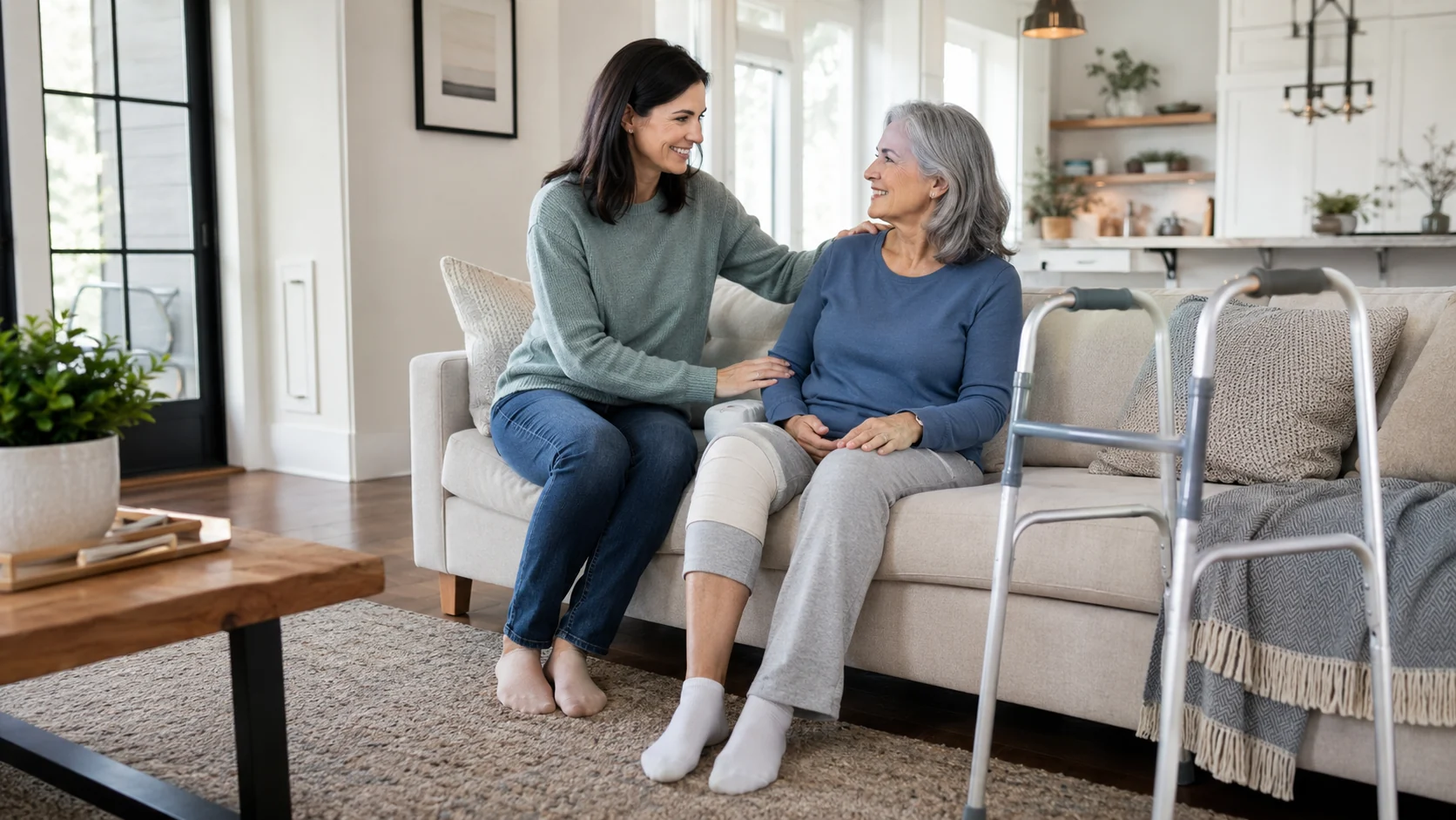 Patient recovering at home after outpatient joint replacement with a walker nearby