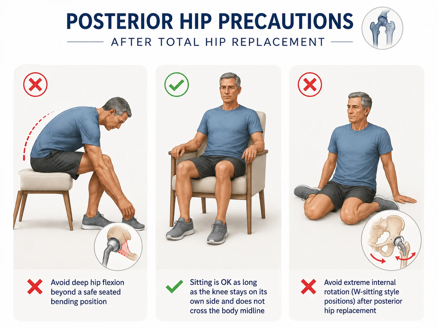 Posterior hip precautions graphic after total hip replacement