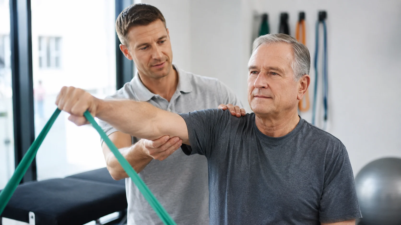 Patient performing shoulder rehabilitation after shoulder replacement with therapist guidance
