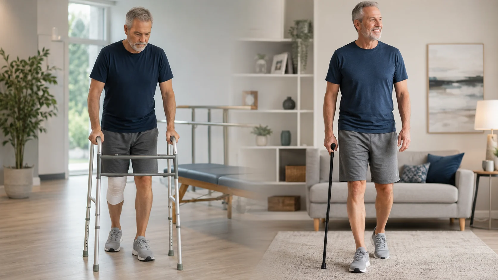 Joint replacement patient progressing from walker to cane