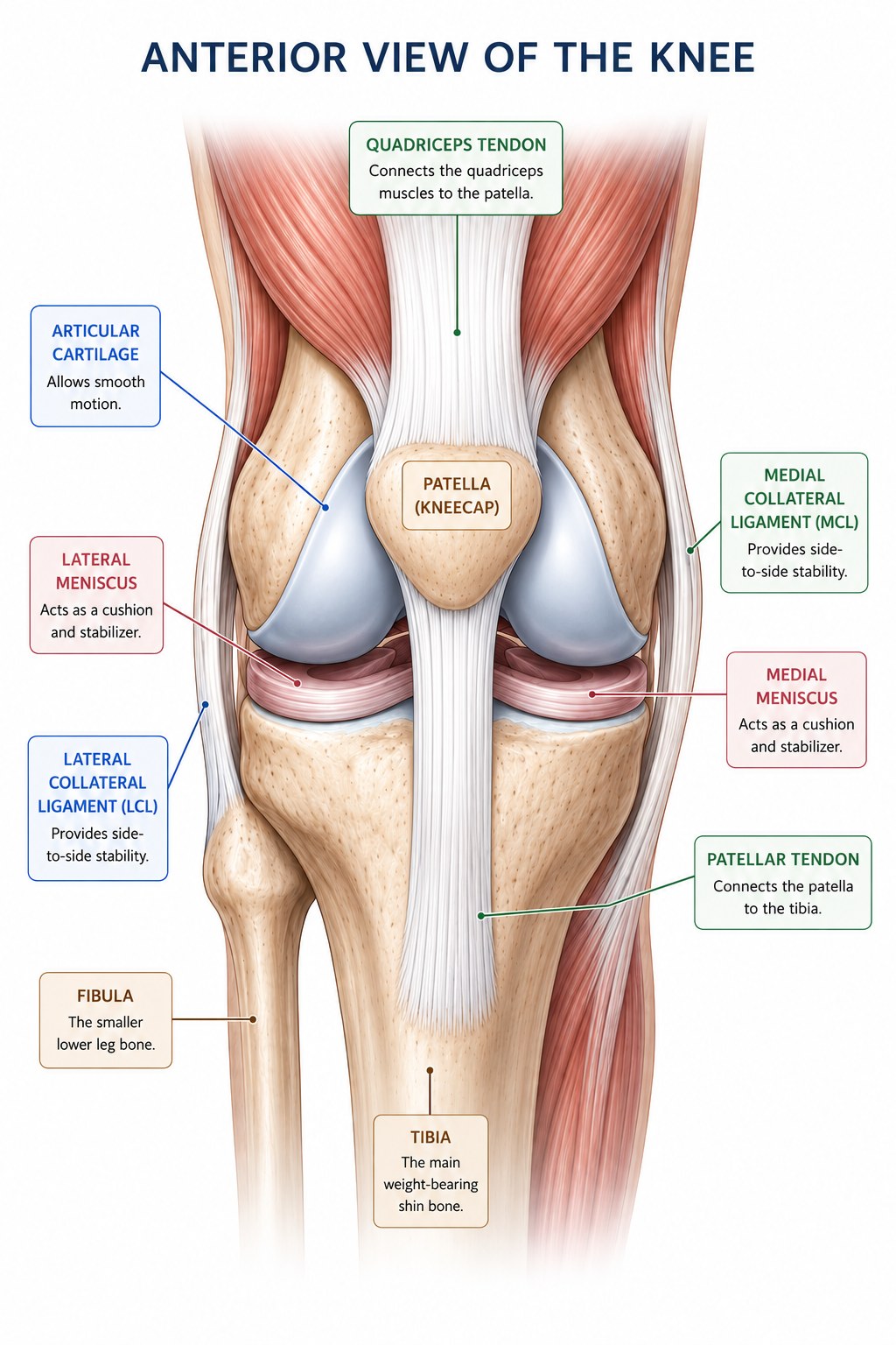 Anterior knee anatomy showing quadriceps tendon patella patellar tendon meniscus collateral ligaments tibia and fibula