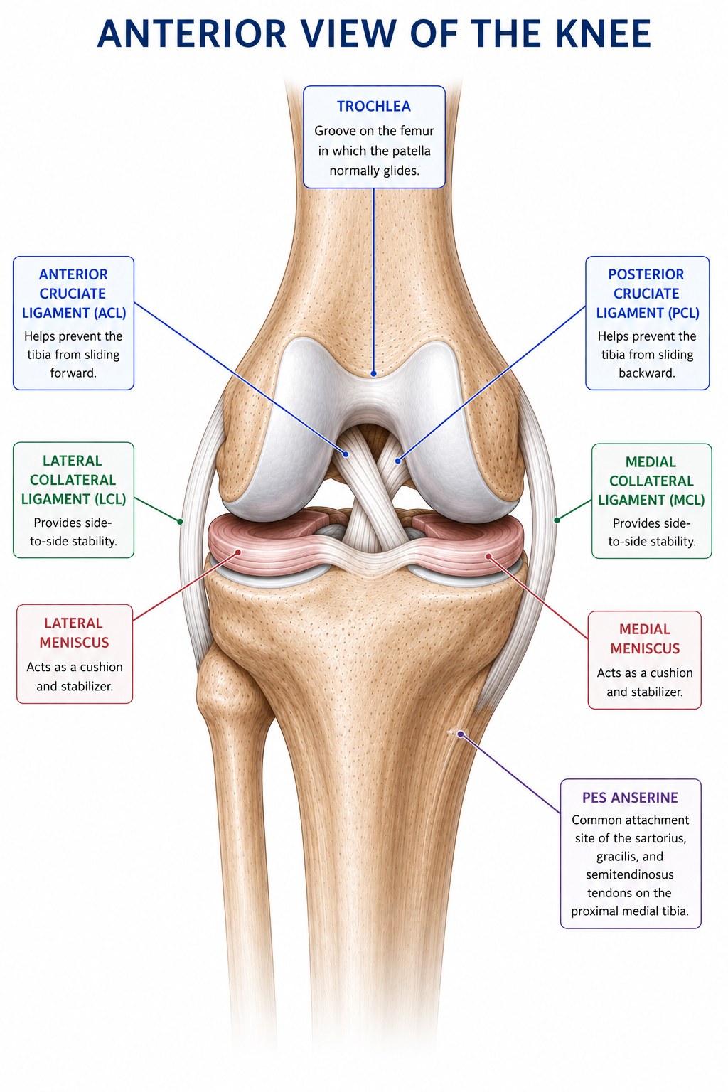 Anterior knee anatomy showing ACL PCL meniscus collateral ligaments trochlea and pes anserine