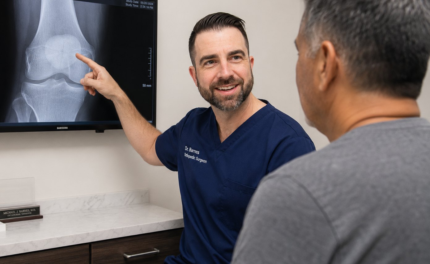 Reviewing knee fracture X-ray with patient