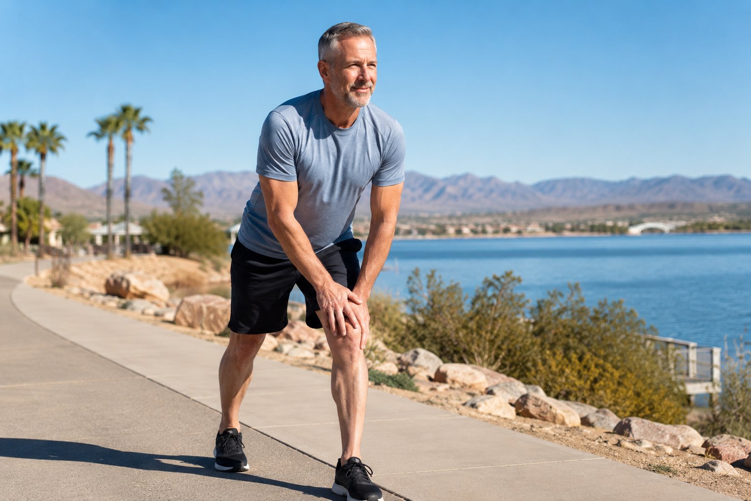 Active adult with knee pain walking near Lake Havasu