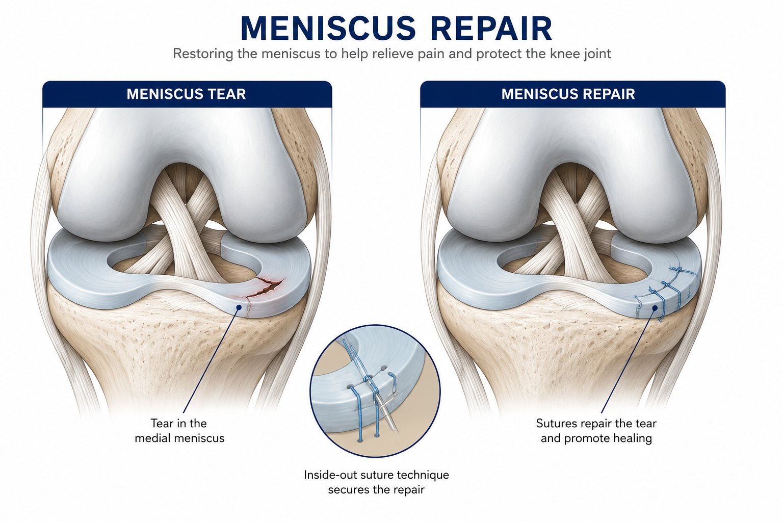 Meniscus tear and repair illustration