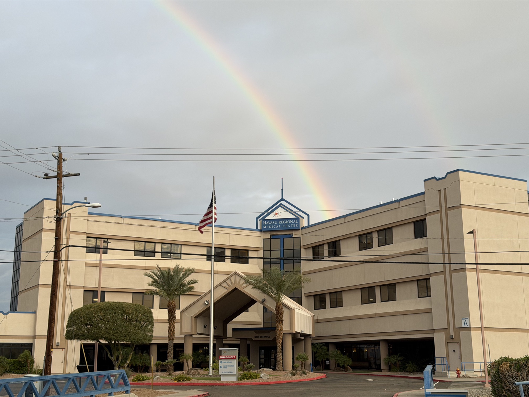 Havasu Regional Medical Center entrance beneath a rainbow