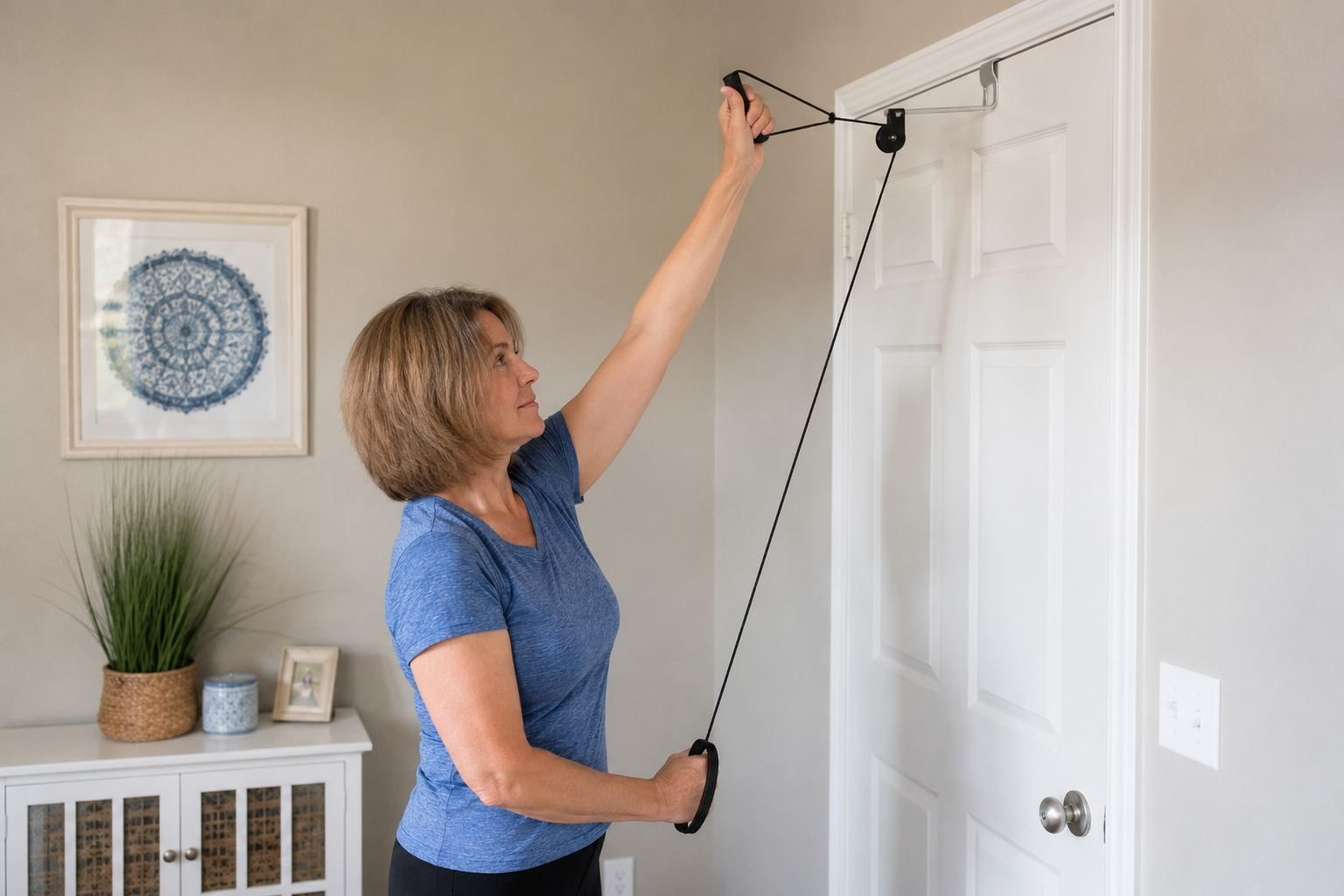 Patient performing a shoulder pulley exercise at home