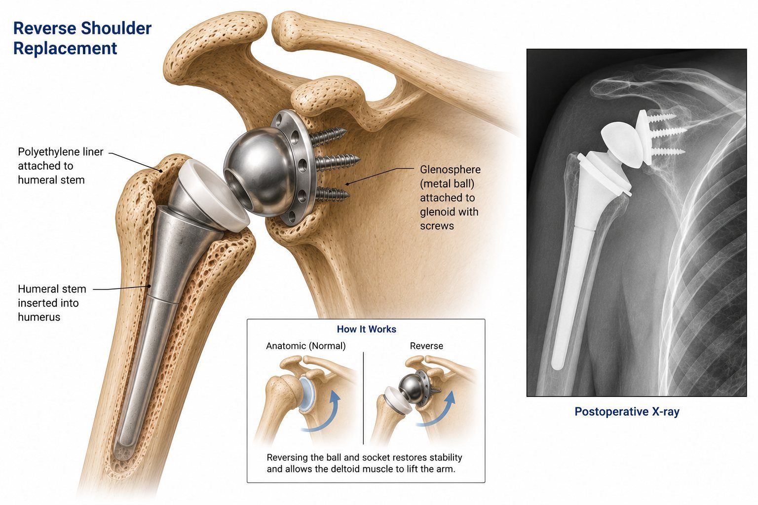 Labeled reverse shoulder replacement illustration