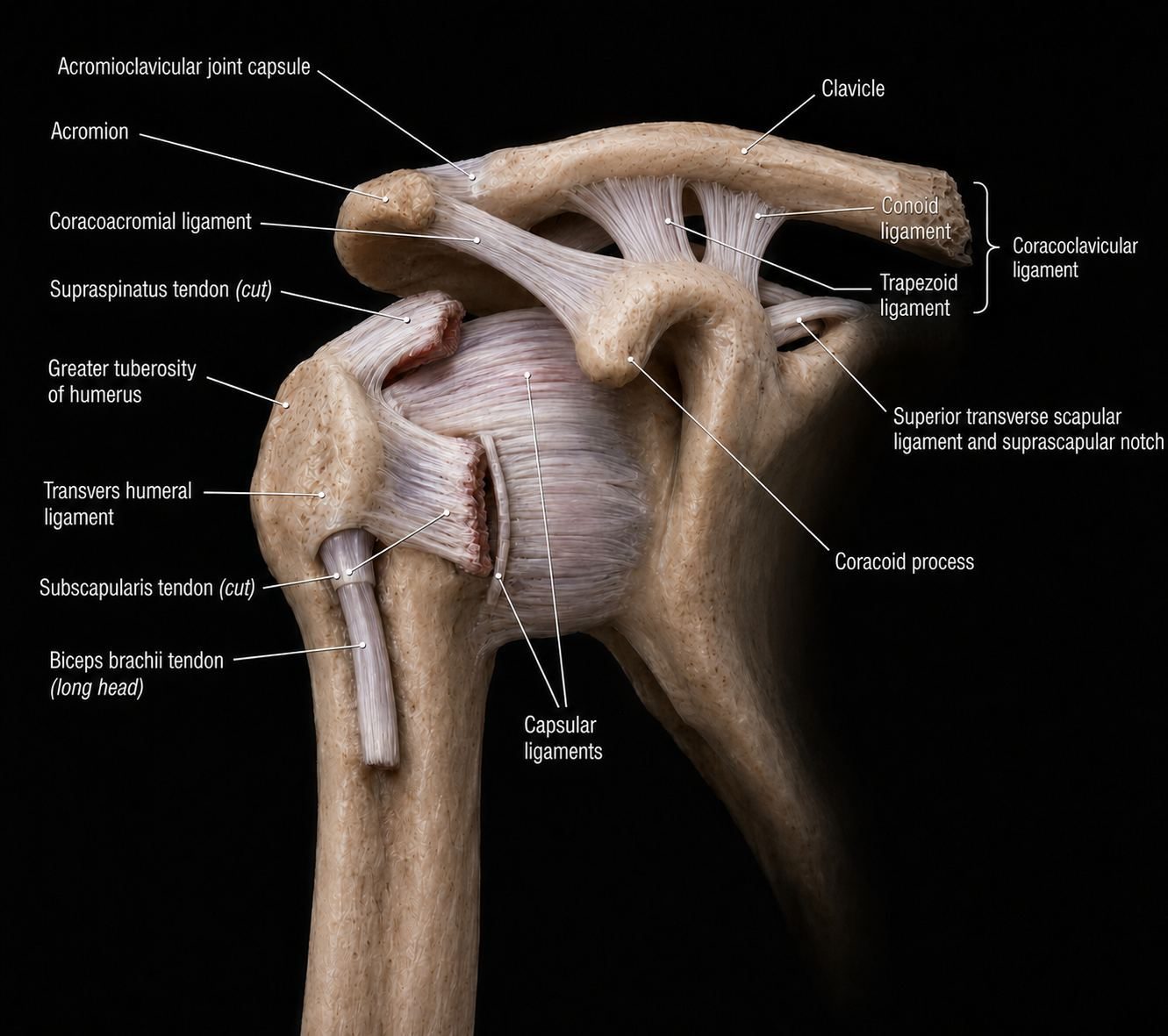 Labeled shoulder anatomy including rotator cuff, labrum, biceps tendon, AC joint and clavicle