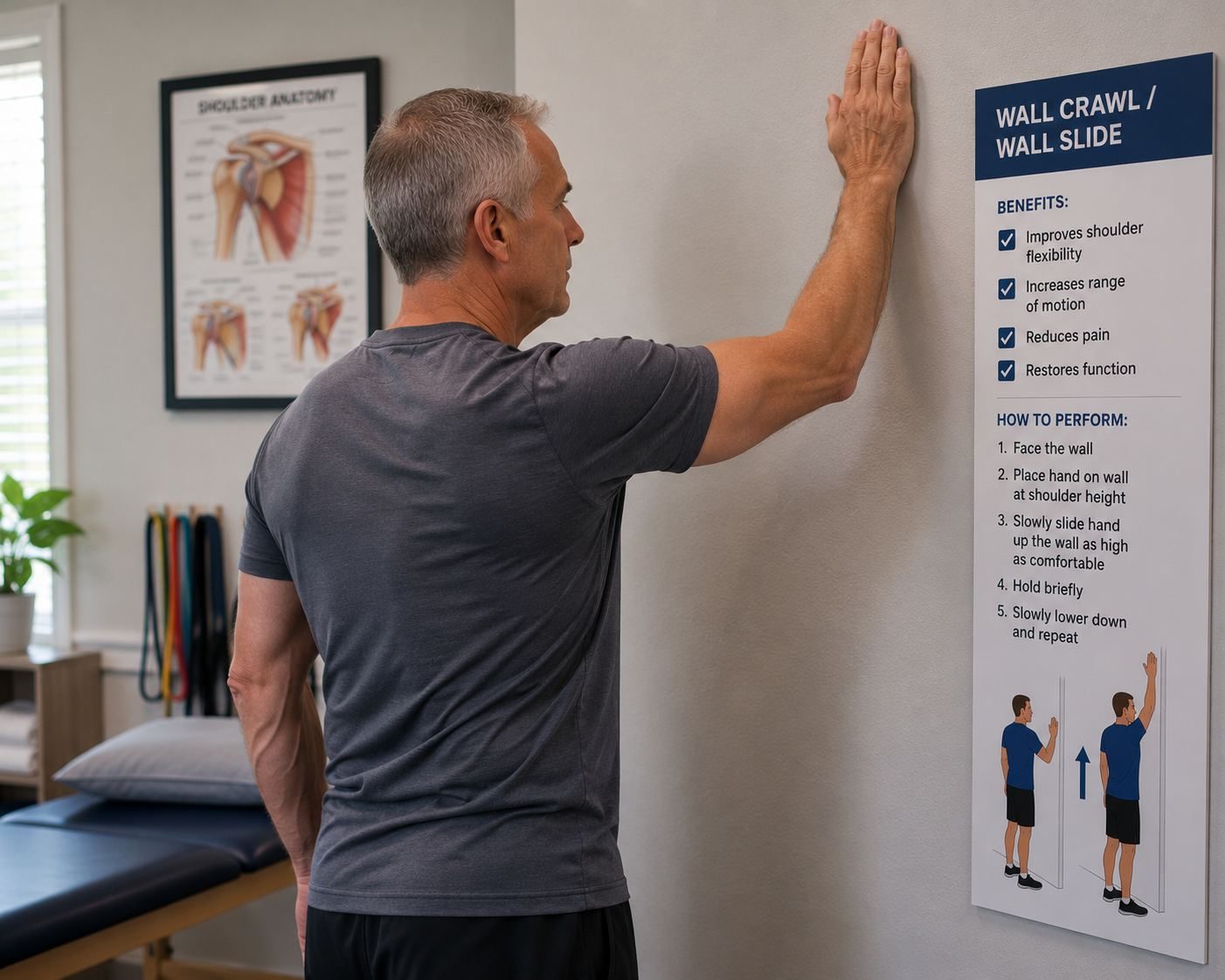 Wall crawl therapy after shoulder treatment