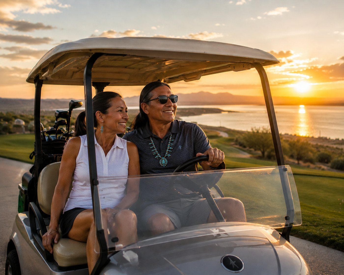 Active adults in a golf cart at sunset