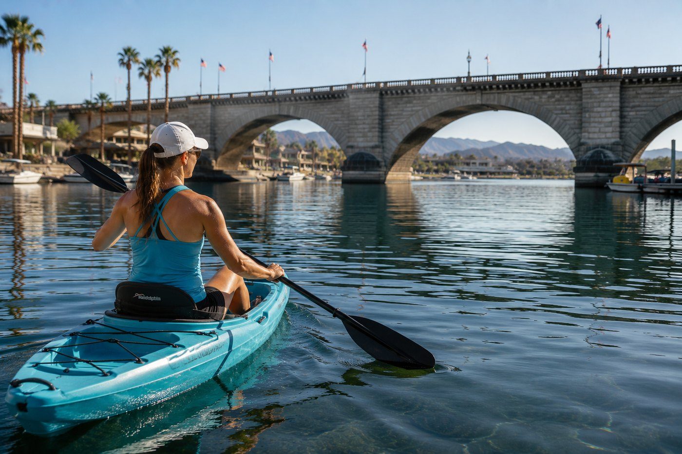 Kayaker approaching London Bridge in Lake Havasu City