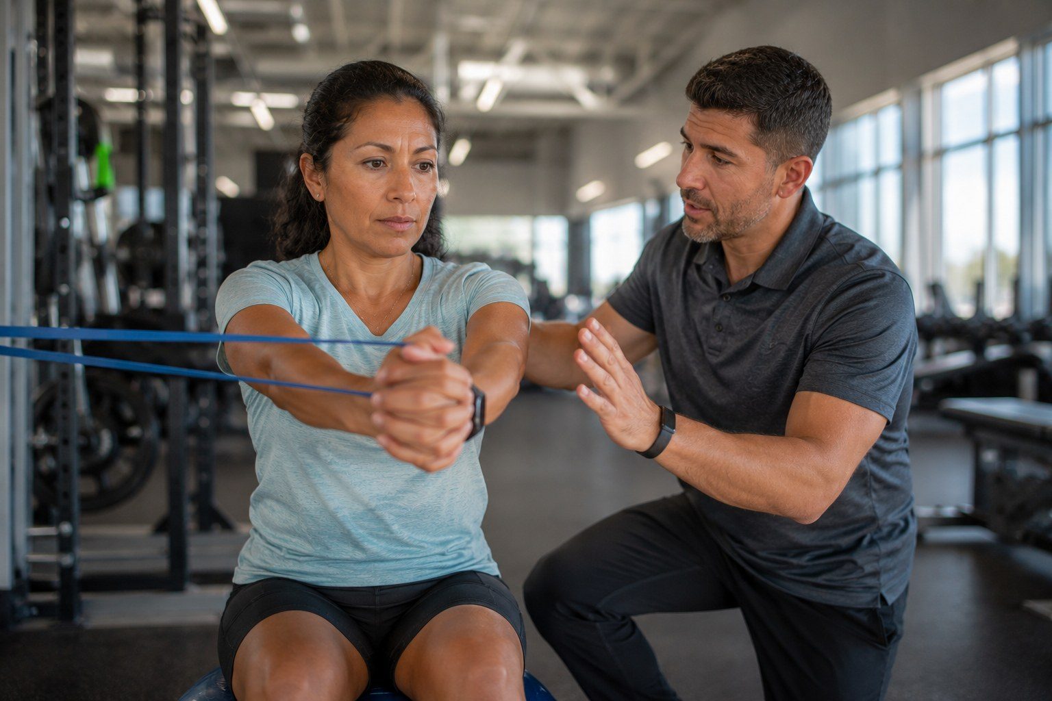 Physical therapist guiding shoulder rehabilitation with resistance bands