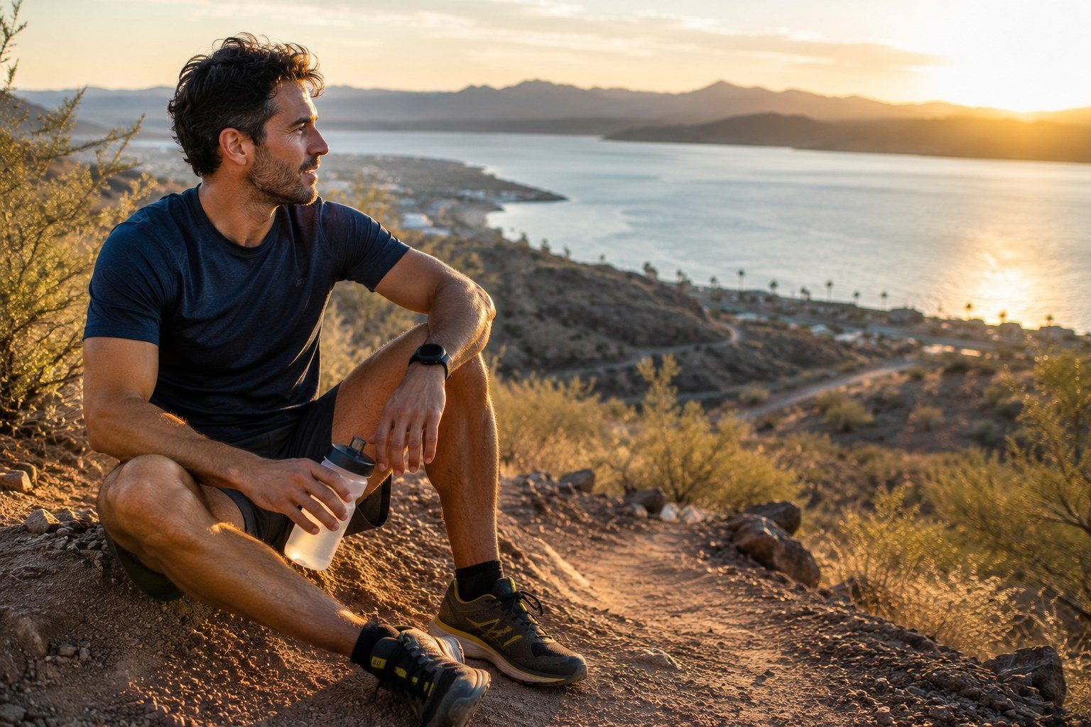 Trail athlete resting above Lake Havasu at sunset