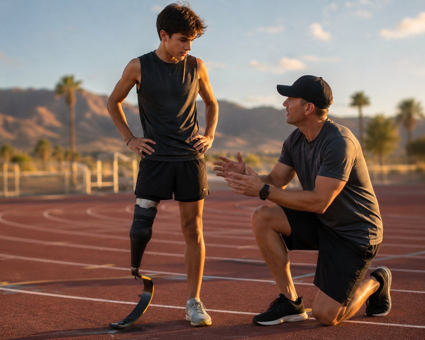 Coach talking to adaptive athlete